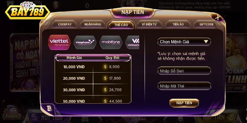 Thao tác nạp tiền Bay789 siêu đơn giản chỉ với 1 phút